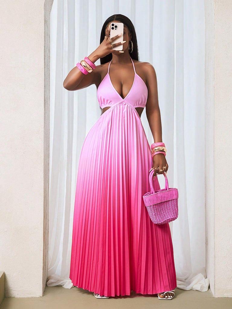 2026 Elegant Gradient Backless Halter Dress for Women
