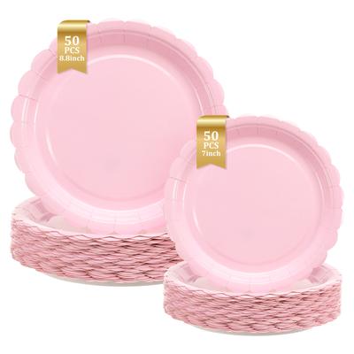 100Pcs Thickened Scalloped Paper Plate Set 7/8.8'' Decorative Scalloped Dinner Plate Disposable Dessert Plate for Wedding Party