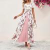 women's v neck lace short sleeve floral print overlay split maxi a line dress elegant wedding guest long gown