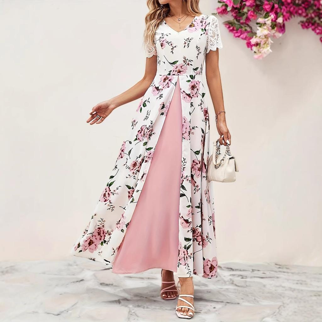 women's v neck lace short sleeve floral print overlay split maxi a line dress elegant wedding guest long gown