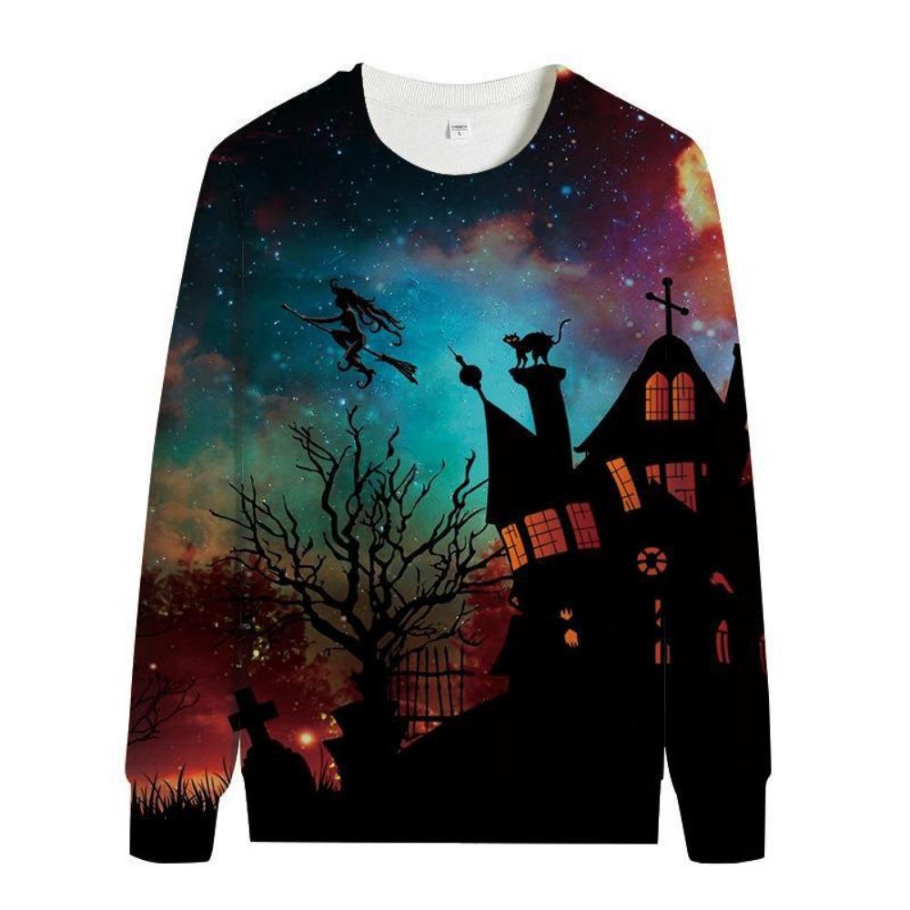 Women's Fashion Hoody Halloween Pumpkin Lamp Print Ghost Bat Sweatshirts Long Sleeved O Neck Hoodies Female Tops