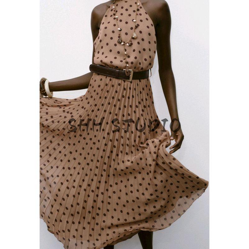 Autumn New Women's Clothing Small Pleated Open Back Design Polka Dot with Belt Midi Skirt Dress 8642802