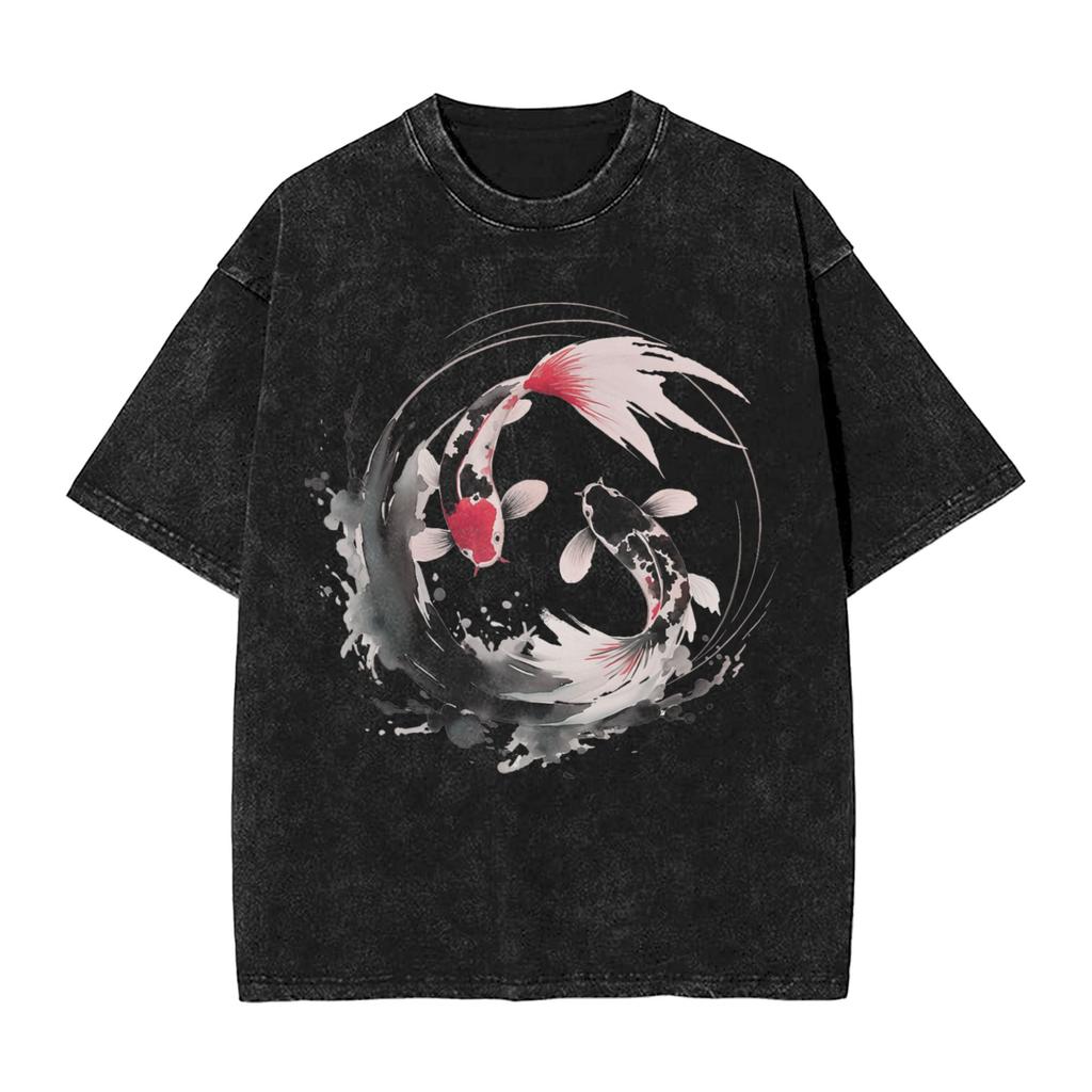 Koi Karpfen Fisch Japanische T-Shirts Gewaschen Kurzarm Harajuku T-Shirts Vintage Herren Damen Streetwear Bedrucktes T-Shirt