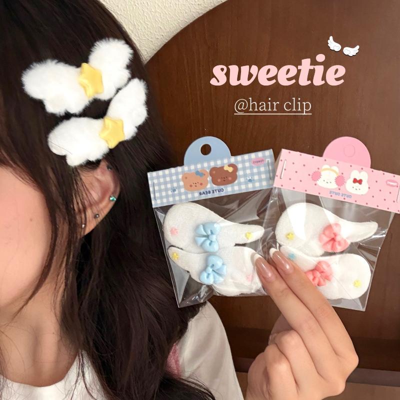 2Pcs Cute Plush Wing Hair Clips Kawaii Star Bow Decor Hair Pins Sweet Angel Wing Headwear Hairclip Ornaments Hair Accessories