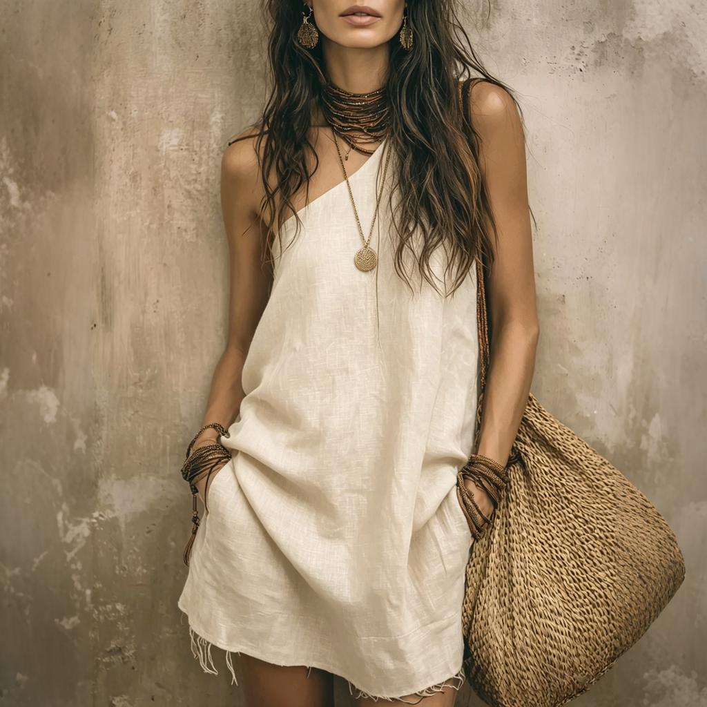 Women’s Casual Sleeveless Loose Fit Pocket Short Dress Cotton Linen Asymmetric Neckline Summer Tunic Style