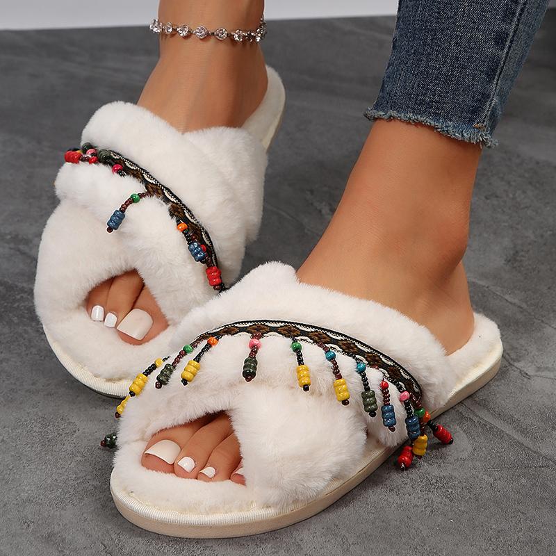 Fashion Fashion Tassel Decor Fur Slippers for Women Open Toe Cross Strap Plush Home Slippers Woman Autumn Winter Cozy Warm Fluffy Slides