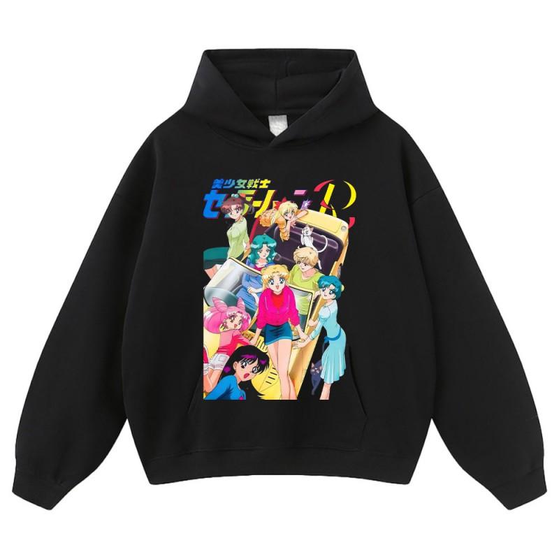 Vintage Anime Print Oversized Cotton Hoodie Teens Unisex Streetwear Fall Winter Casual Sweatshirt