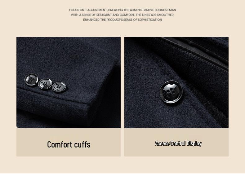 Men's Over-the-Knee Woolen Business Coat with Fleece Inner Layer, Autumn/Winter, Middle-Aged Style