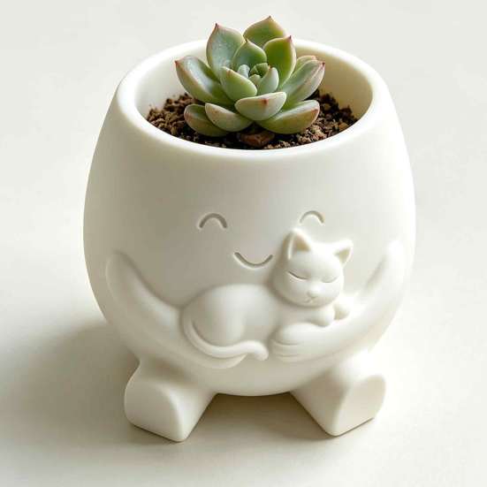 Cute Kitten Relief Decor 3D Printed Face Planter Pot with Cat Design, Decorative Succulents Pot, Creative Resin Flowerpot for Indoor Desktop