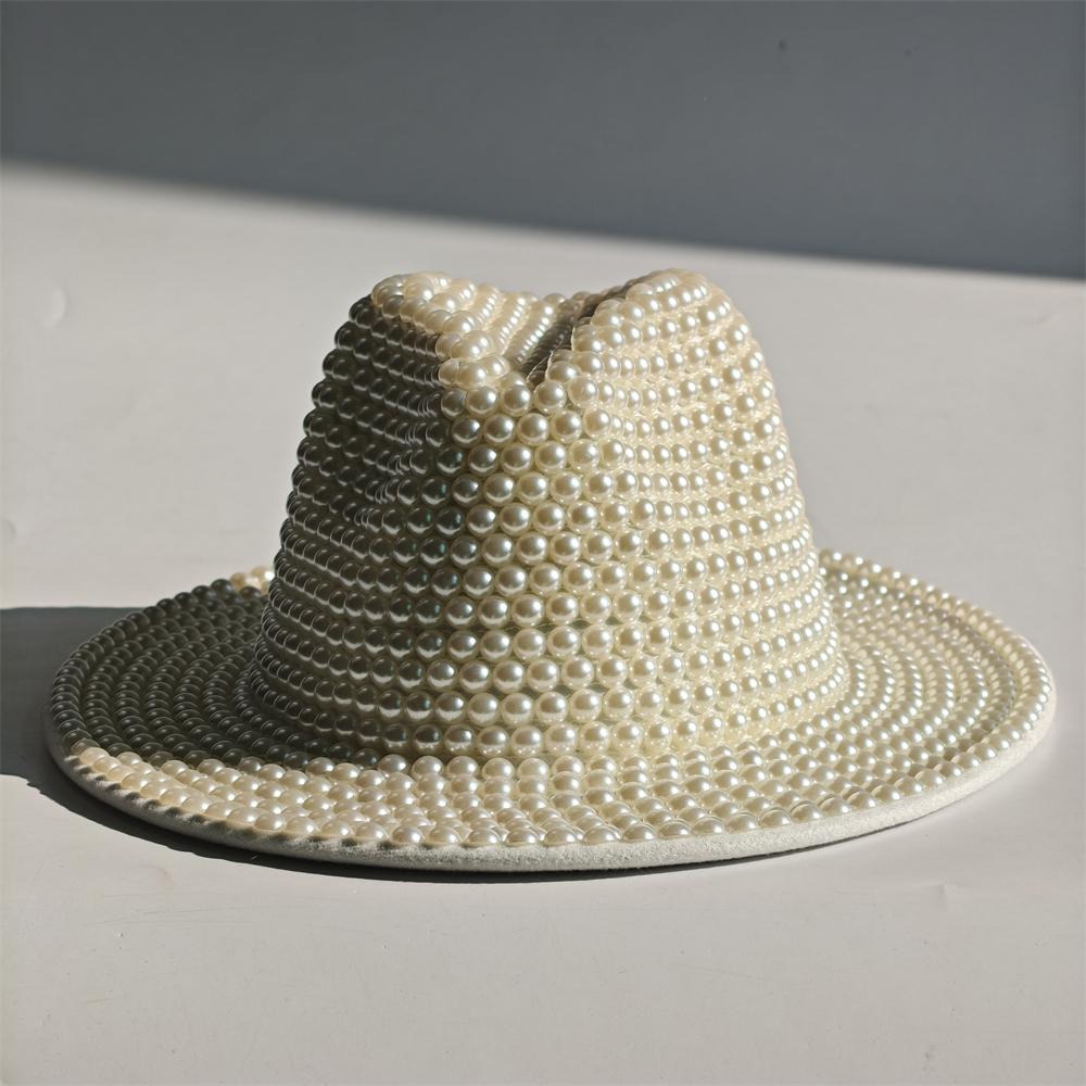 Blue/Beige Pearl Fedora Hat Bling Fedora Jazz Hats For Men And Women Handmade Advanced Fashion Outdoor Party Stage Hat