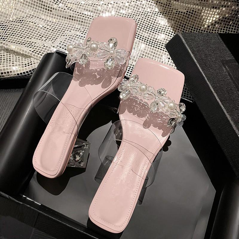 

Розовые тапочки с толстым каблуком и кристаллами для девочек, классные тапочки 2025 года, летняя новая мода, высокий каблук, одно слово 39 розовый