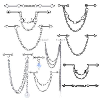 Moda Acero Inoxidable Piercing Industrial Barra Larga Cadena Estrella Tragus Pendientes Joyería para Mujeres Hombres