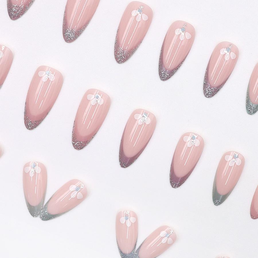 24 Pieces  colorful French aurora glitter flower nail art tablets sweet niche almond wear nail