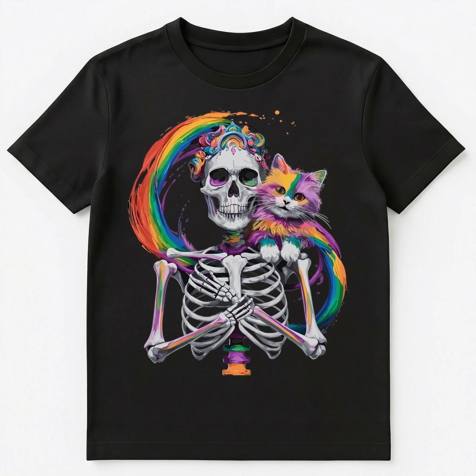 Colorful Paint Splash Skeleton With A Cat Art Graphic Unisex T-Shirt XL
