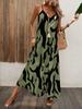 Ladies Lake Blue Abstract Ink Printing V-neck Thin Suspender Long Dress Loose Pendant Big Pendulum Vacation Leisure Beach