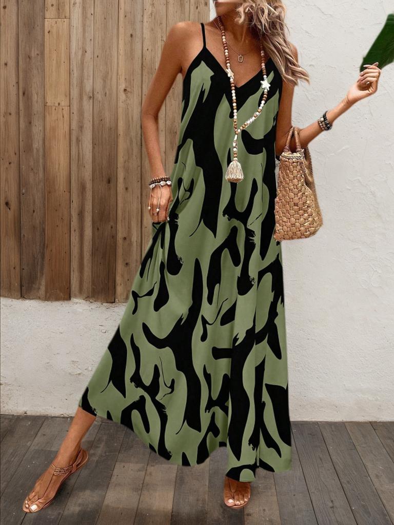 Ladies Lake Blue Abstract Ink Printing V-neck Thin Suspender Long Dress Loose Pendant Big Pendulum Vacation Leisure Beach