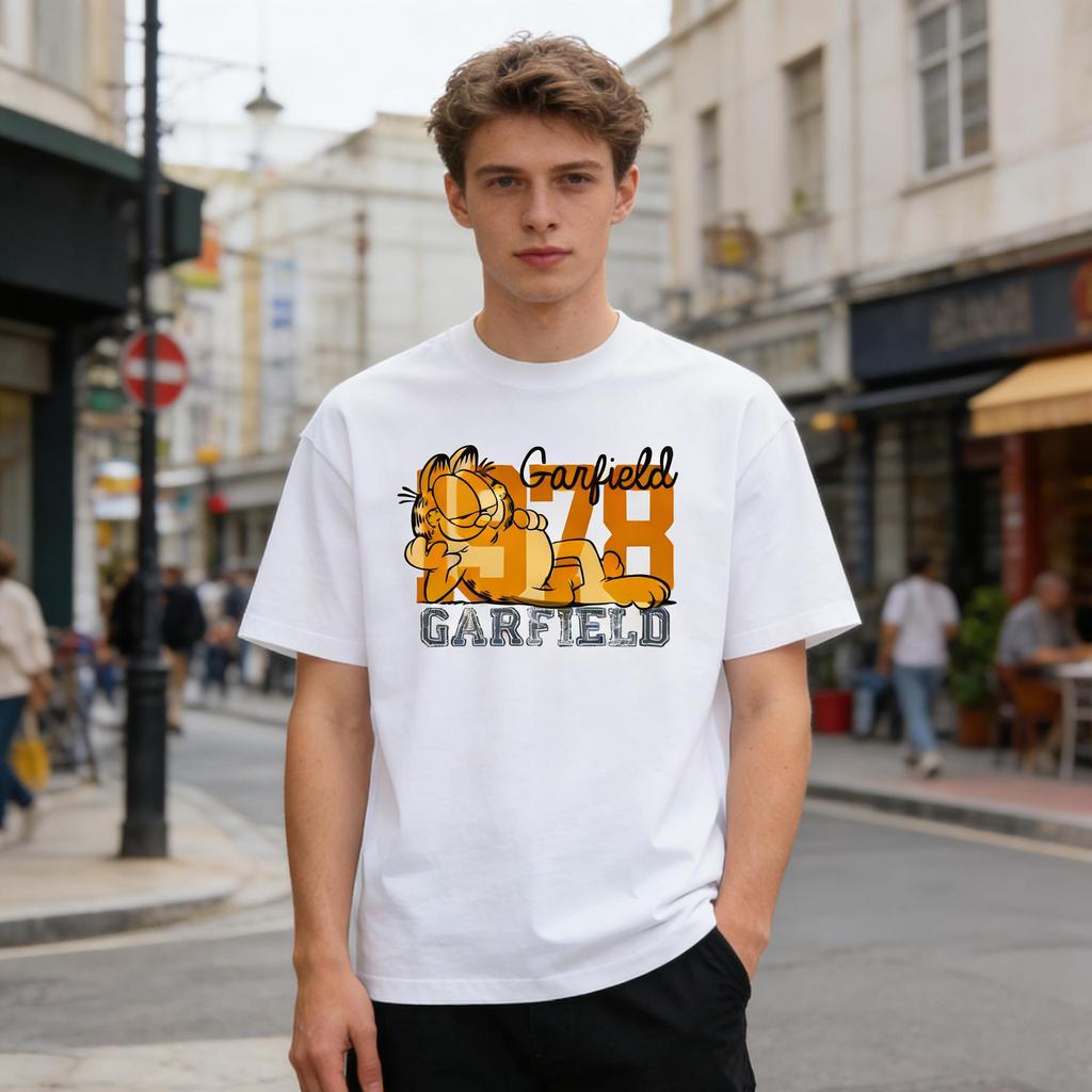 Garfield Lazy Lying Trendy T-Shirt! American Retro 1978 Letter Print Loose-Fitting Short Sleeve, Unisex, Oversize Couple Tee