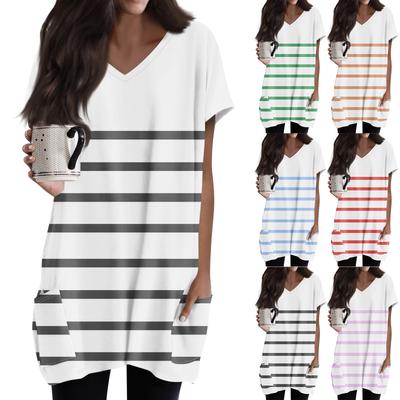 Womens Tops V-neck Short Sleeve Blouses Casual Mid-length Shirts Fashion  Print Tunic Tops With Pockets