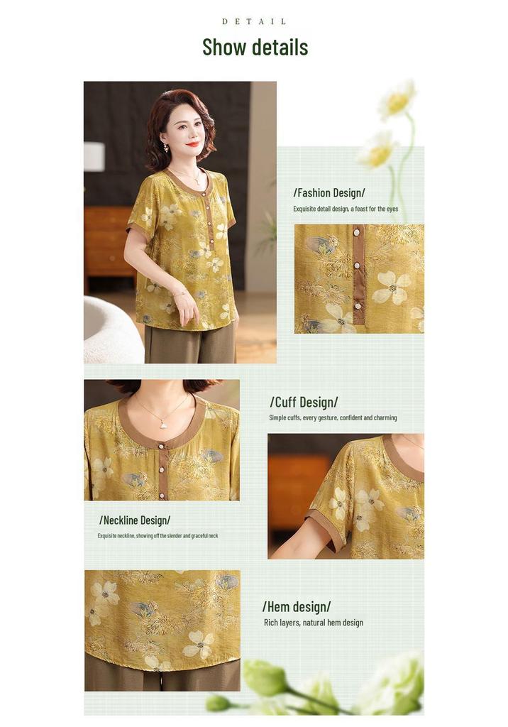 Stylish Plus Size Summer Two-Piece Set for Mid-Aged & Elderly Women - Short-Sleeved Loose Fit