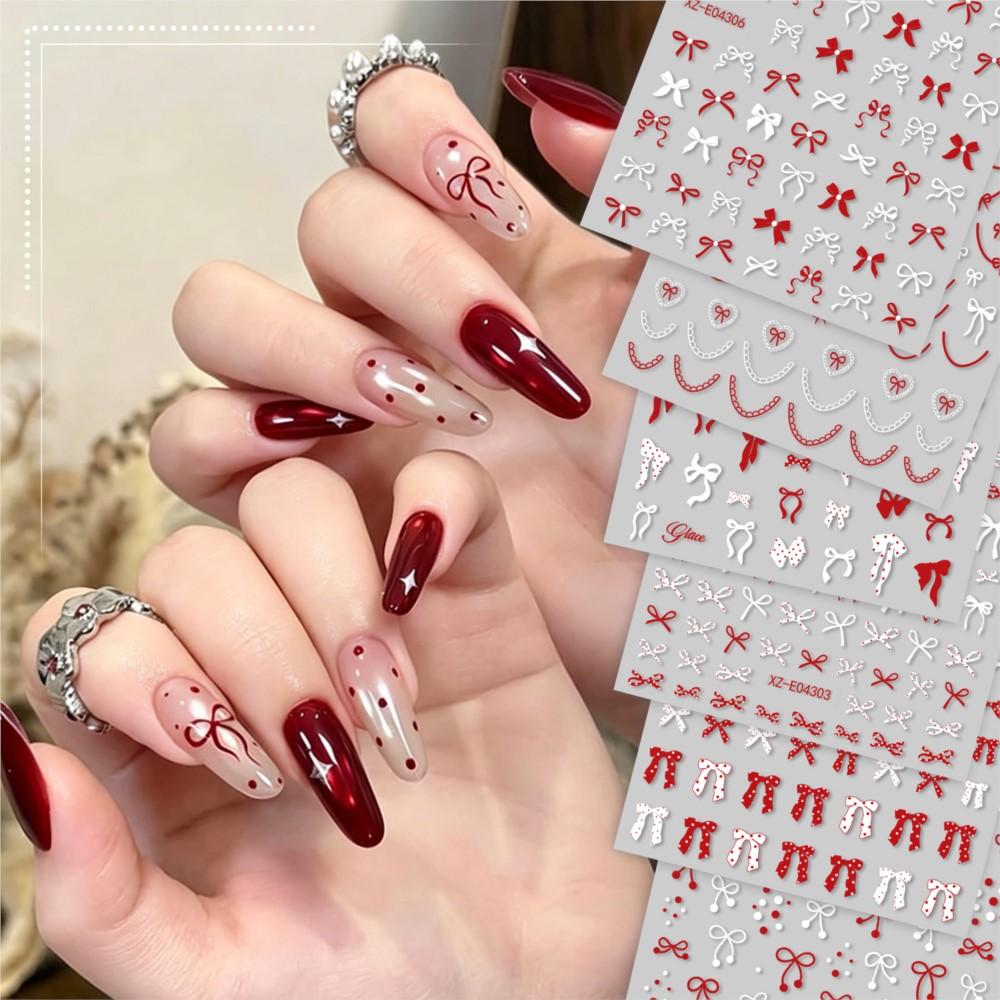 6pcs 3D Red White Bow Ribbon Nail Stickers Cute Polka Bowknot Dot French Lines Nail Decals 8*10cm Self-adhesive Bow Nail Decora