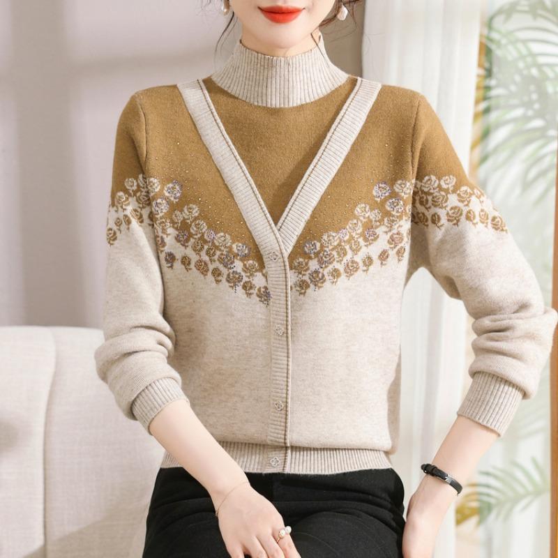 Mom autumn and winter thickened knitted sweater fake two-piece top integrated fleece women's winter fleece sweater bottoming shirt