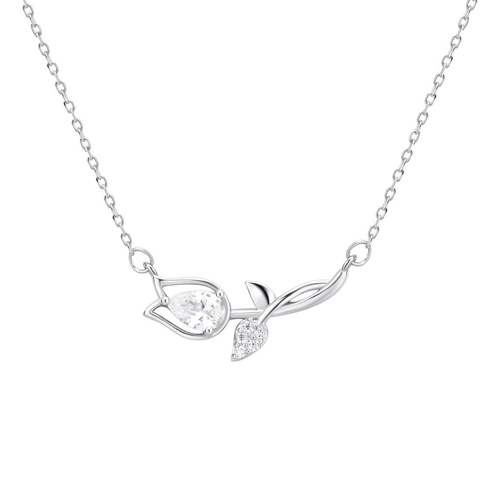 S925 Sterling Silver Tulip Flower Zircon Pendant Necklace for Women | Vintage Style Flower Clavicle Chain Jewelry Gift