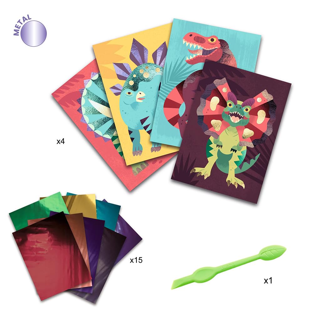 DJECO Jeco Foil Picture Jurassic Sticker Craft Dinosaur Collage Glitter Sticker Kit Dinosaur Kit Drawing Age 5 6 7 8 Boys School Entrance Gift