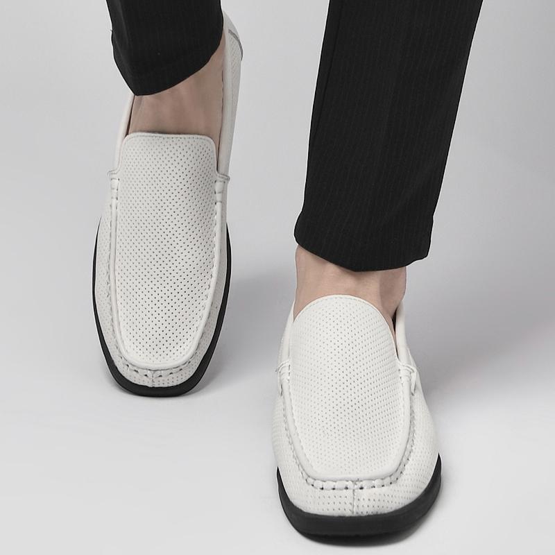 Jarní Perforovaná Prodyšná Síťovina Lehké Neformální Bílé Boty z Pravé Kůže Pohodlné Měkké Podrážky Baleríny Nazouvací Pánské Boty