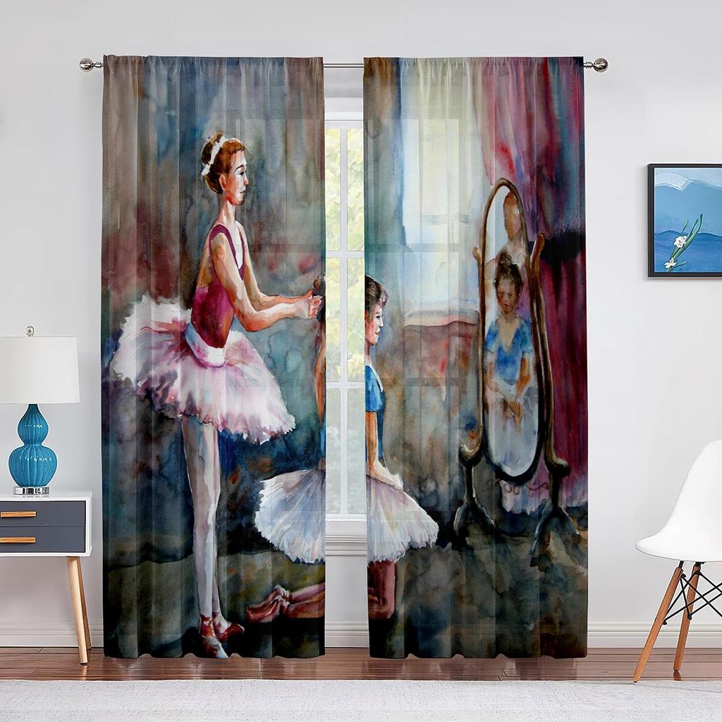 Retro Ballerina Dancing Classic Performance Tulle Curtain for Living Room Decoration Chiffon Sheer Voile Kitchen Bedroom Curtain