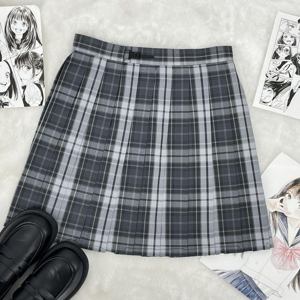 Winter Gray Plaid High-Waist Slimming JK School Uniform Pleated A-line Midi Skirt