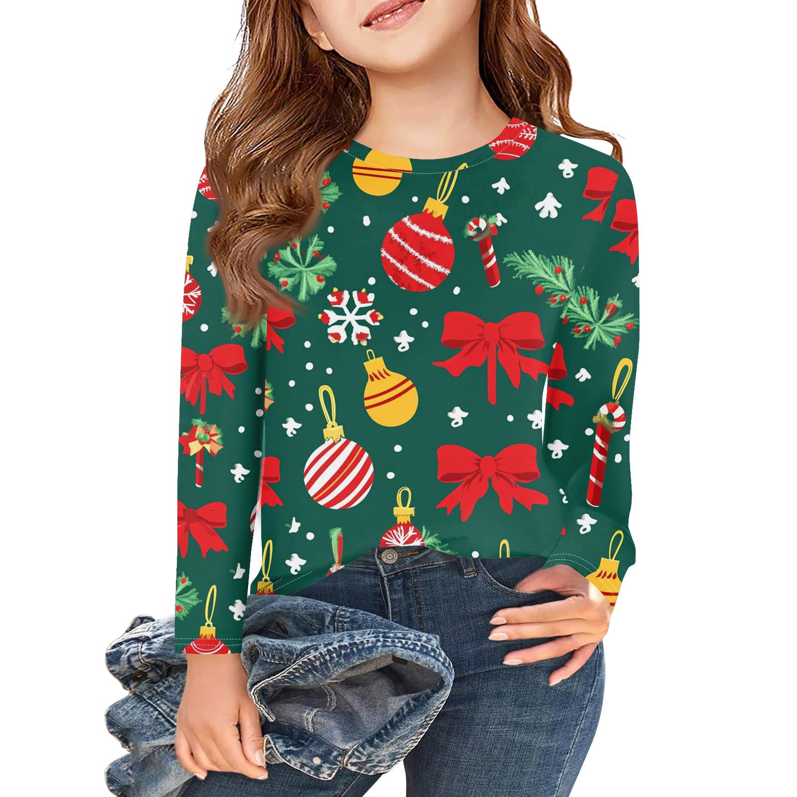 

Рождественские футболки с длинным рукавом для девочек, детские осенние топы с круглым вырезом и принтом, базовые футболки 120 зелёный