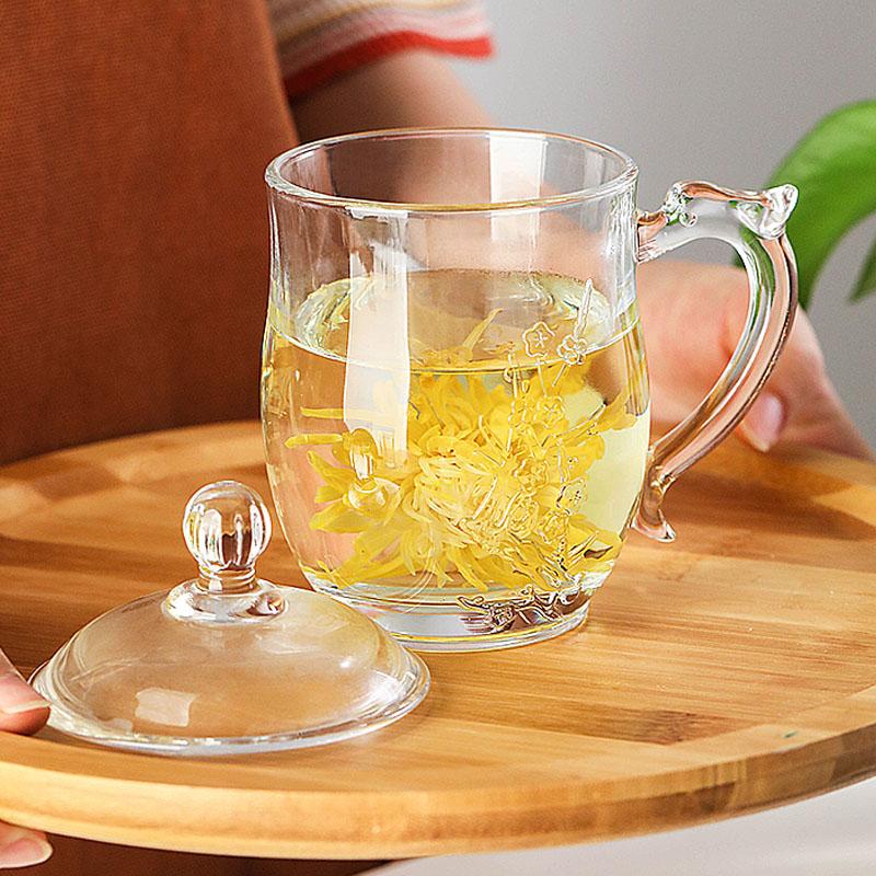 Glass Tea Cup Flower Clear Lead-Free Coffee Mugs with Handle and Lid Tea Cup for Women Birthday Valentines Wedding Gifts