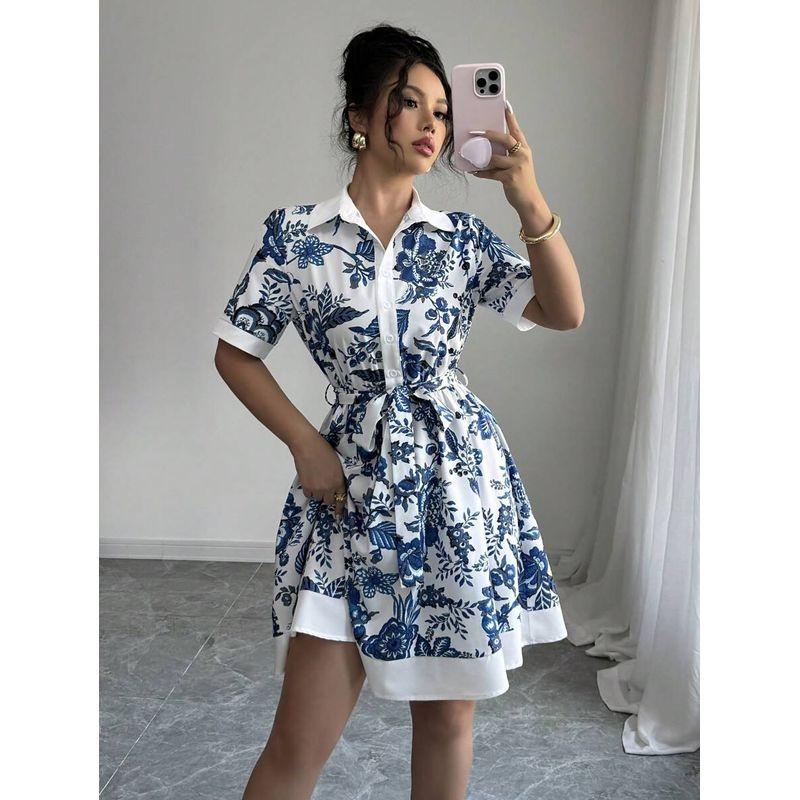 

European and American Elegant Commuter Ol Lapel Single-Breasted Simple Print Shoulder Waist Hugging Strap Short sleeve Dress Dress Blue S
