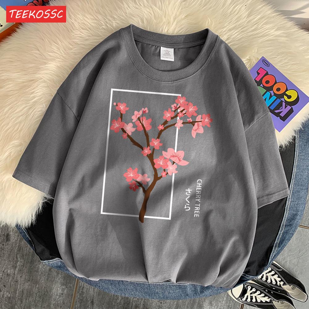 Cherry Tree In Full Bloom T-Shirt Men'S Shoulder Drop Retro T Shirts Fashion Originality Tshirt Normcore Loose Short Sleeved