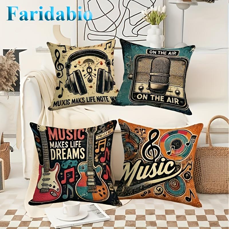 4pcs Retro Music Theme Pillow Covers Suitable for Living Room & Bedroom Decor, Double-Sided Square Cushion Covers with Guitar Headphone Microphone Pri