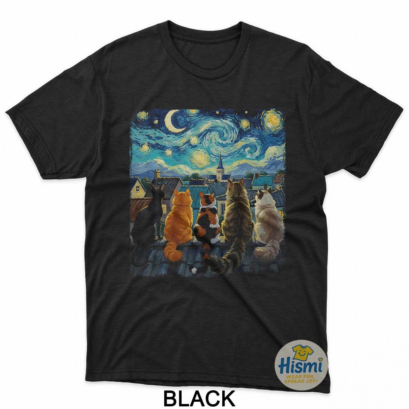 

Funny Cat Starry Night Van Gogh Cats Rooftop Scene Feline T-Shirt XL