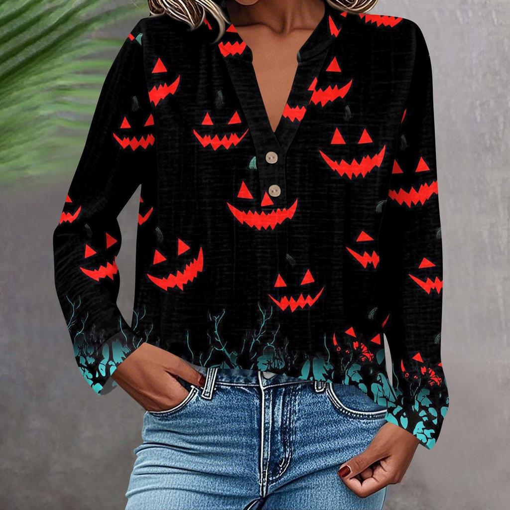 Dame Moteabel Og Casual Skjorte Langermet V-hals Knapp Trykt Bluse Topp