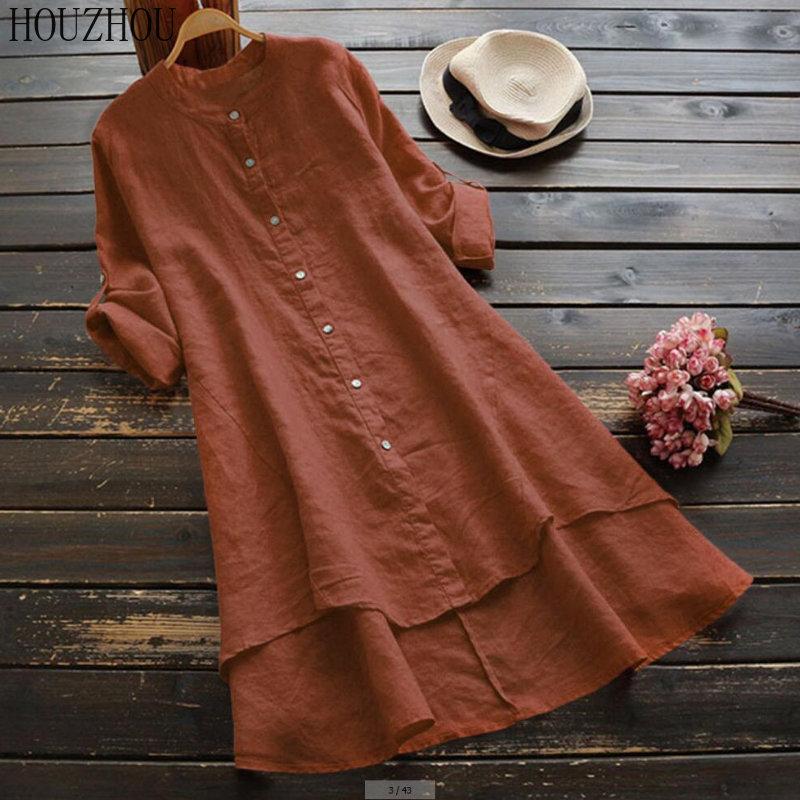 HOUZHOU Solid Cotton Linen Shirt Women Button Round Neck Long Sleeve Shirt Elegant Basic Office Ladies