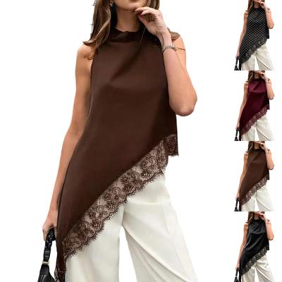 Women's Sleeveless Lace Trim Asymmetric Hem Top Lightweight Soft Fabric Round Neck Casual Blouse for Summer and Spring