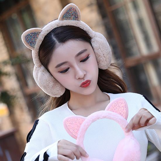 Women Lovely Winter Cats Ear Warmer Shiny Glitter Earmuff Cold Protection Warmer