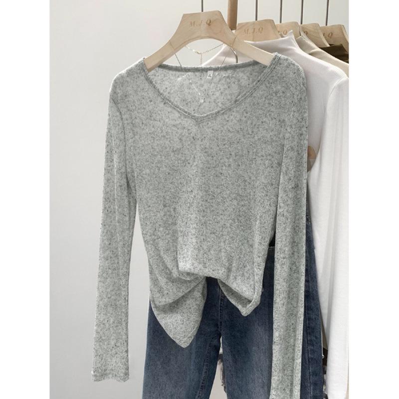 Szykowany kardigan z dekoltem w serek, z prześwitującego materiału chroniącego przed słońcem - Słodka i pikantna koszulka z długim rękawem dla kobiet, na wiosnę i jesień