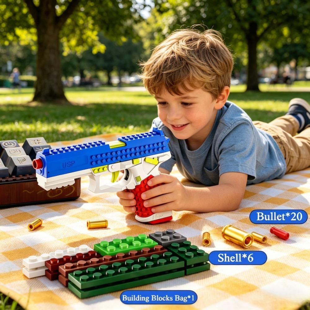 DIY Bricks Assemble USP Soft Bullet Gun Toy Safe Foam Dart Outdoor Shooting Game Toy Perfect Birthday Gifts for Children