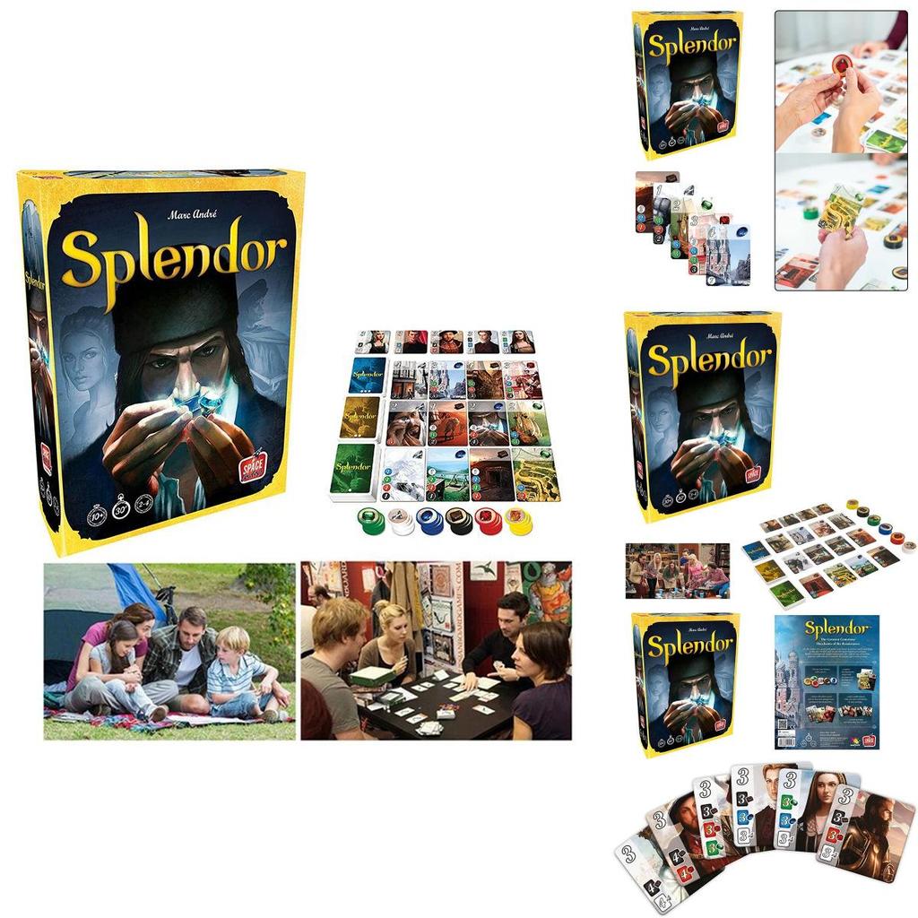 Splendor bordspel, volledige Engelse versie, doos voor thuisfeestjes met verzamelkaarten.
