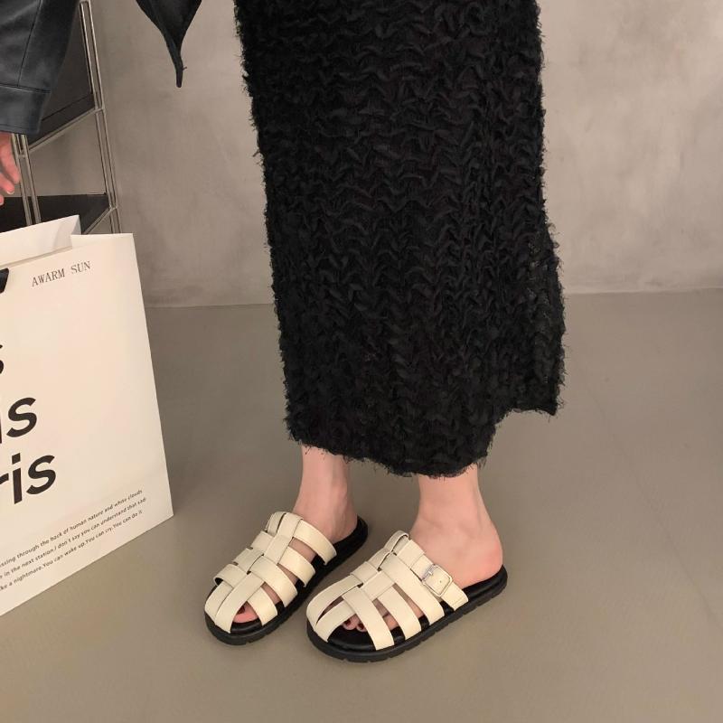 Retro Roman Shoes Women Genuine Leather Mules Round Toe Flat Sandals Buckle Slippers Ladies Fashion Casual Shoes Summer