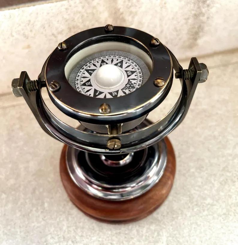 Brass Gimbal Compass with Wooden Base: Nautical Decor