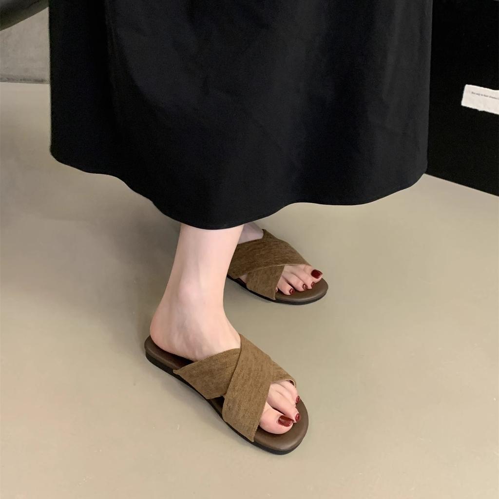 Cross-strapped linen slippers for women to wear summer new flat sandals retro casual vacation seaside beach shoes
