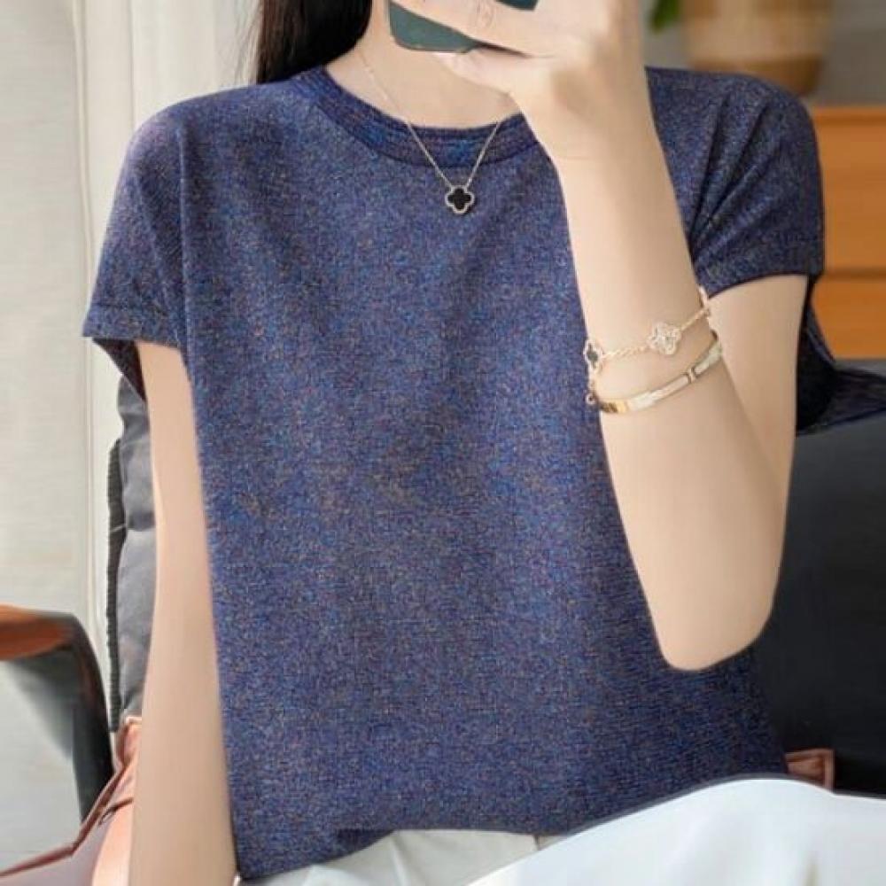 Navava Women Simple Daily Pearl Round Neck Short Sleeve Knit Nk2917