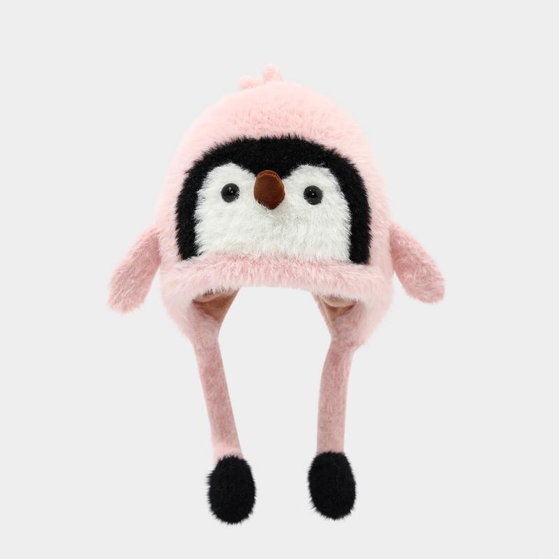Cute Cartoon Penguin Hat Kids Thermal Headgear Winter Baby Plush Ear Protection Hat Children Thick Fleece Earmuffs Cap Ties Beanie