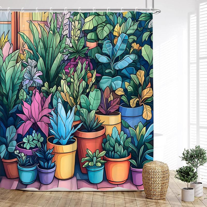 Colourful Tropical Plants Shower Curtains Desert Cactus Monstera Bonsai Leaves Bath Curtain Set Fabric Bathroom Decor with Hooks