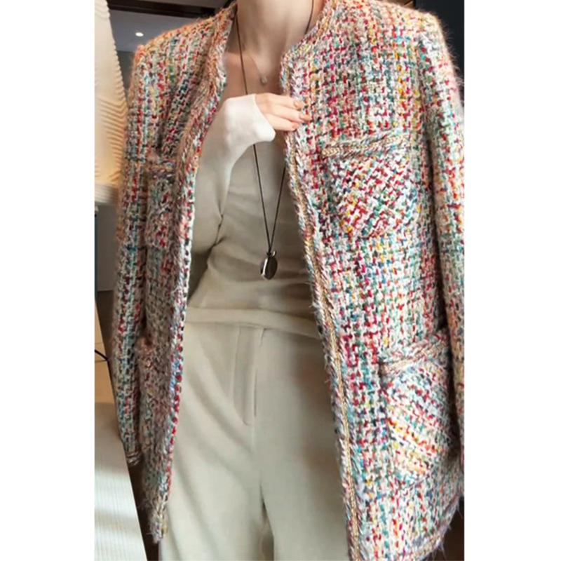 Damen Plus Size Tweedmantel im französischen Stil - Regenbogenwebung, mittellang, 200 Jin, Frühjahrskollektion